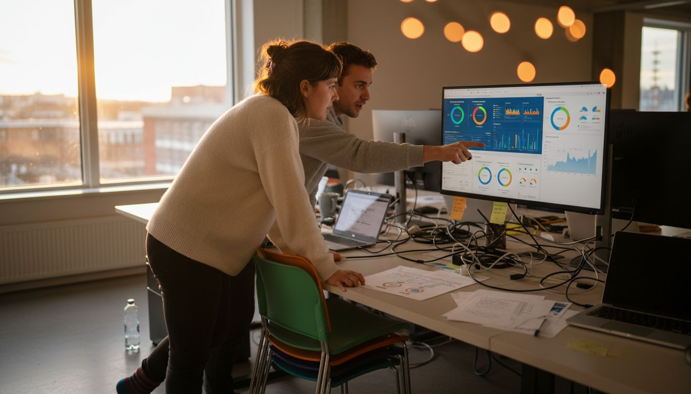 Teamet gennemgår AI-dashboardet for at analysere data og finde nye indsigter.
