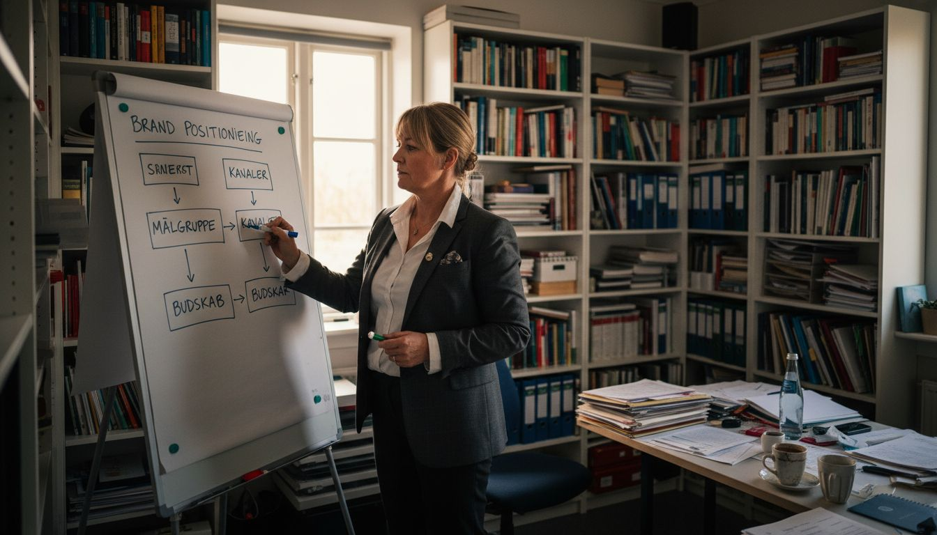 En kvinde står ved whiteboardet og skitserer idéer til virksomhedens branding.