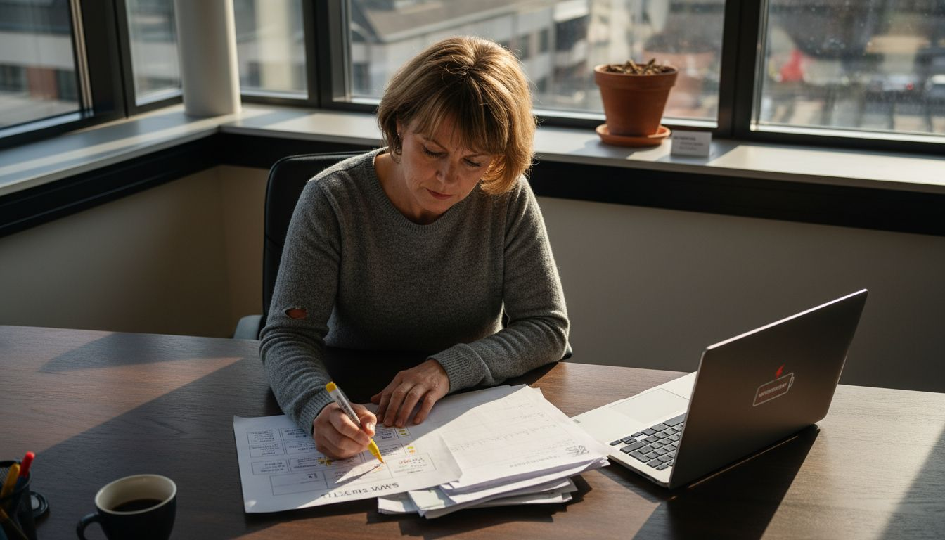 En kvinde sidder ved sit skrivebord og laver en SWOT-analyse.