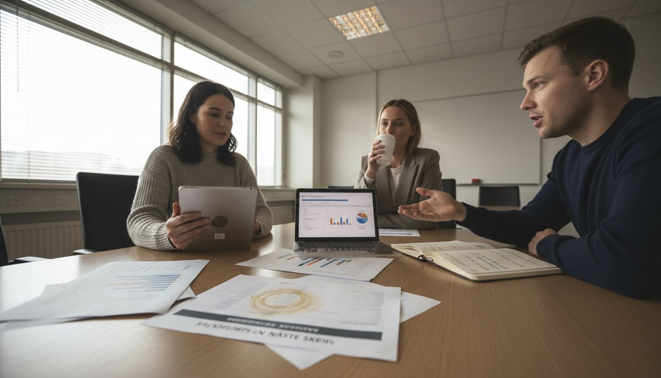 Marketingteamet arbejder sammen om at gennemgå rapporter