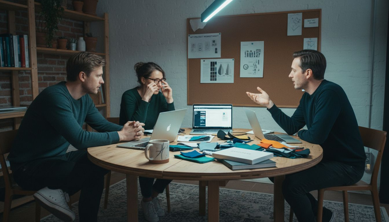 Et kreativt team sidder samlet rundt om et bord fyldt med papirer, kaffe og idéer, mens de brainstormer løs.