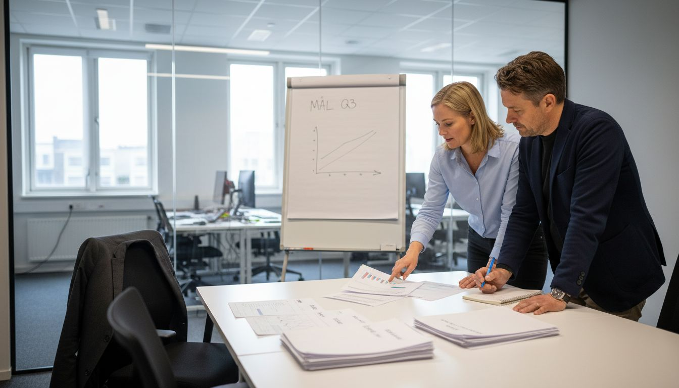 Kollegaer samles over papirer for at lægge strategi