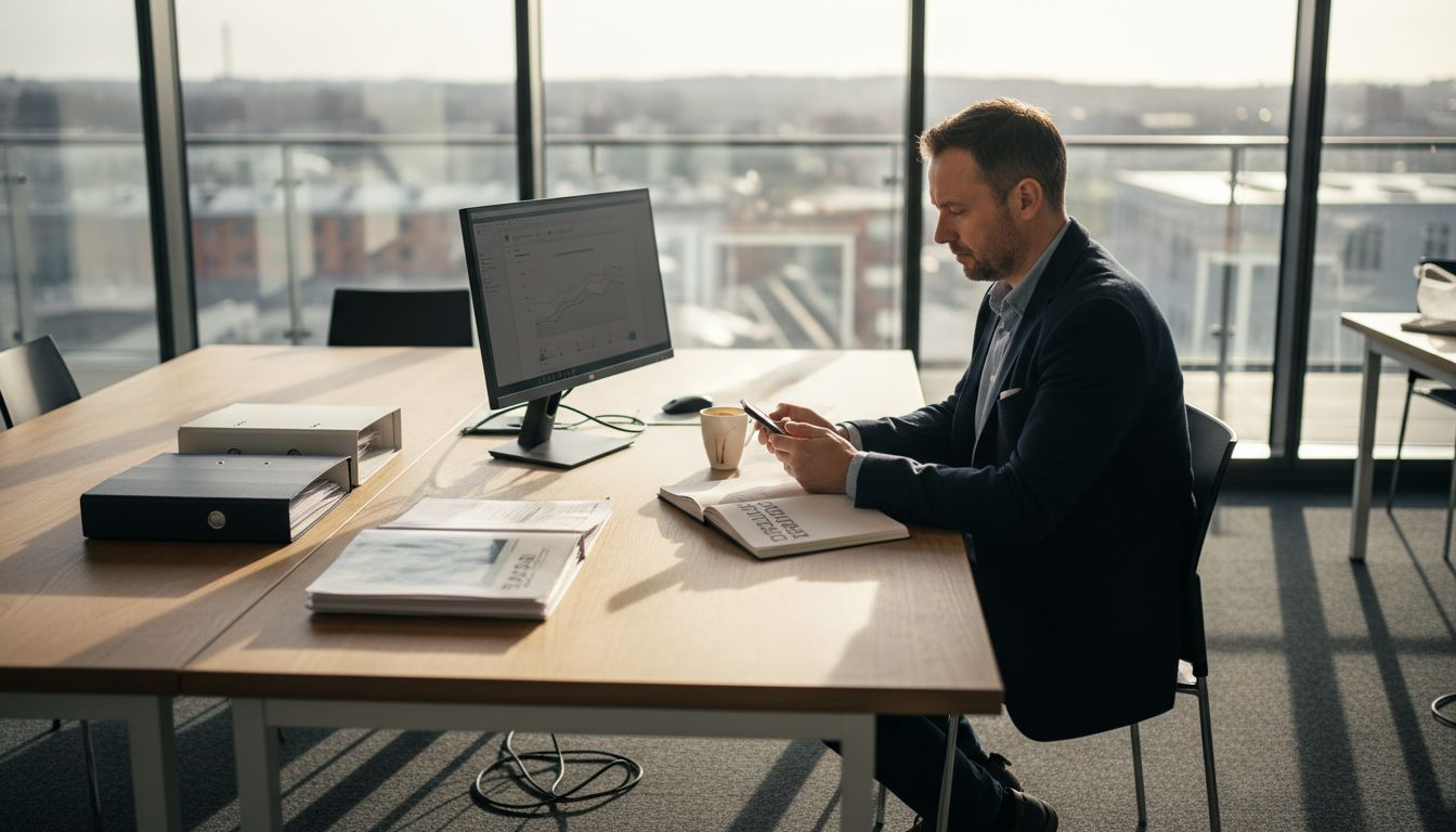 Han arbejder med digital strategi i et B2B-miljø på kontoret.