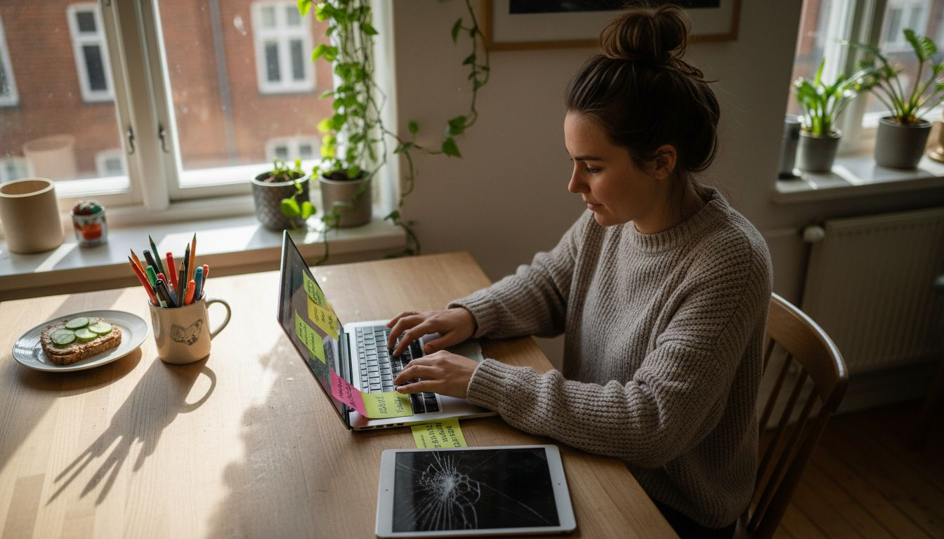 En person sidder derhjemme og arbejder kreativt ved sit skrivebord, hvor der produceres indhold til fx sociale medier eller blogs.
