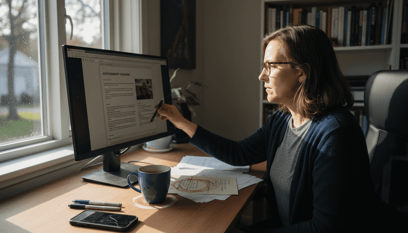 En kvinde sidder derhjemme og arbejder med at redigere marketingmateriale.