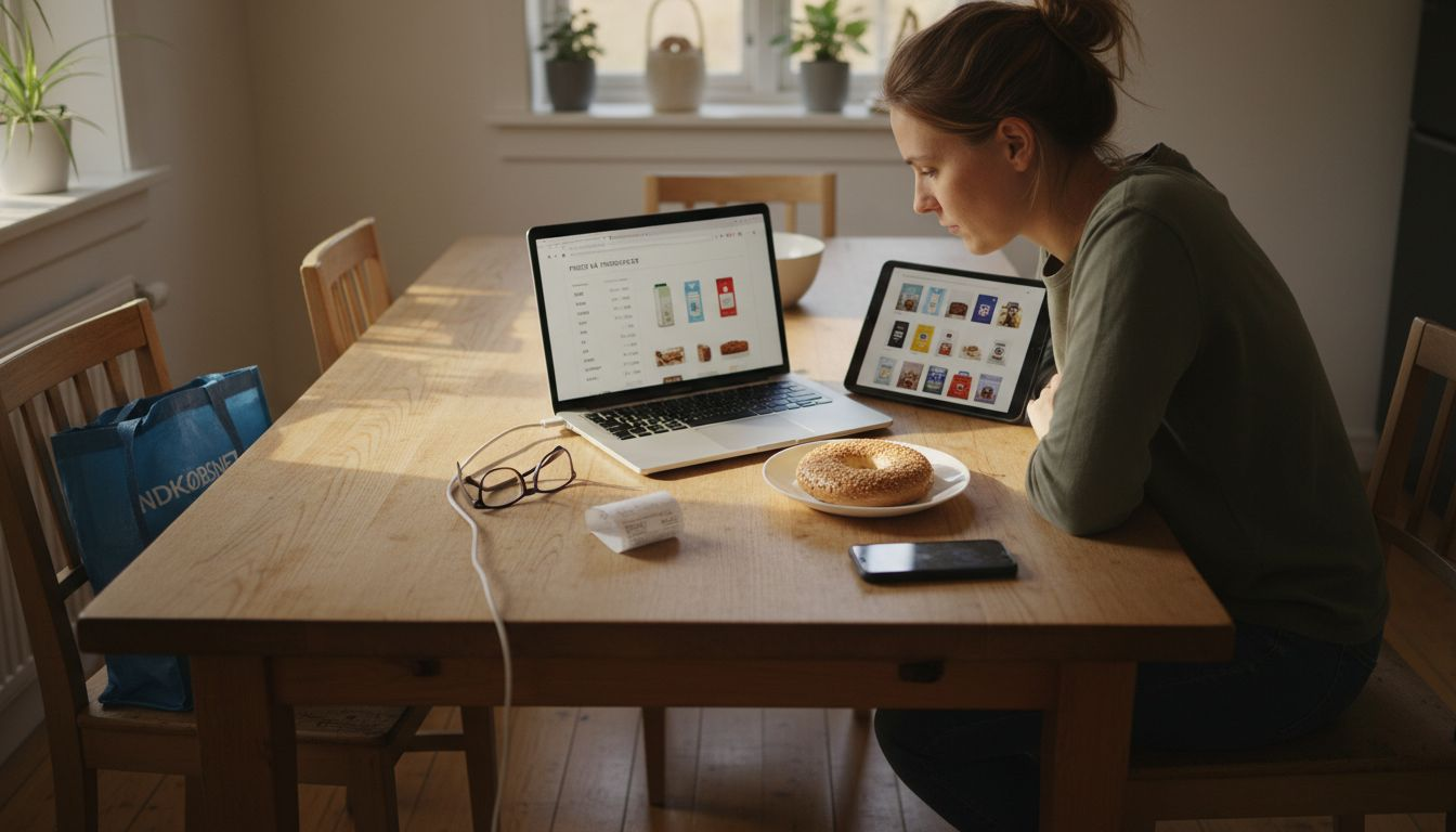 En kvinde sidder ved køkkenbordet og kigger tilbudsaviser igennem.