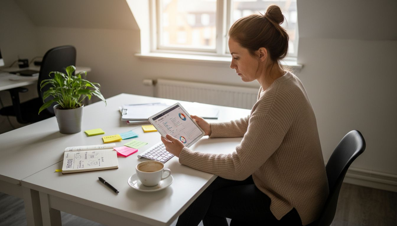 Brandmanageren arbejder på sit kontor med en tablet og gør notater.
