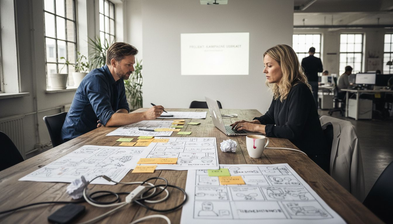 Kollegaerne sidder sammen og gennemgår storyboardet og markedsføringsplanen for at sikre, at alt spiller.
