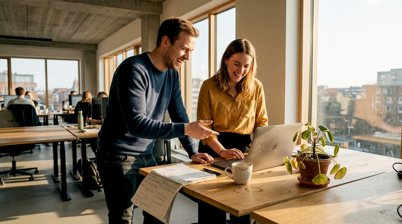 Glade medarbejdere sidder sammen ved deres skriveborde på kontoret og nyder en hyggelig arbejdsdag.