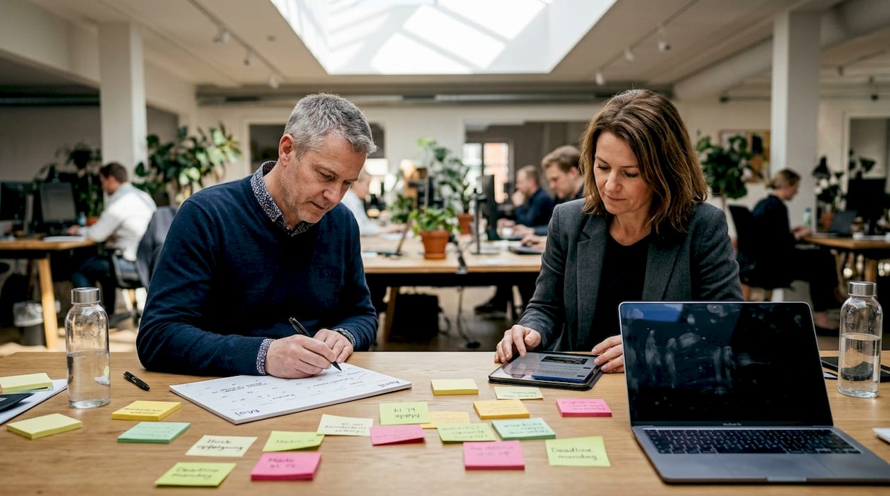 Medarbejdere, der arbejder sammen om at lægge en plan for indholdet