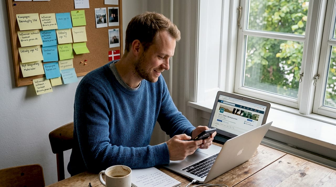 Mand gennemgår virksomhedens online branding for at sikre, at udtrykket er ensartet på tværs af platforme.