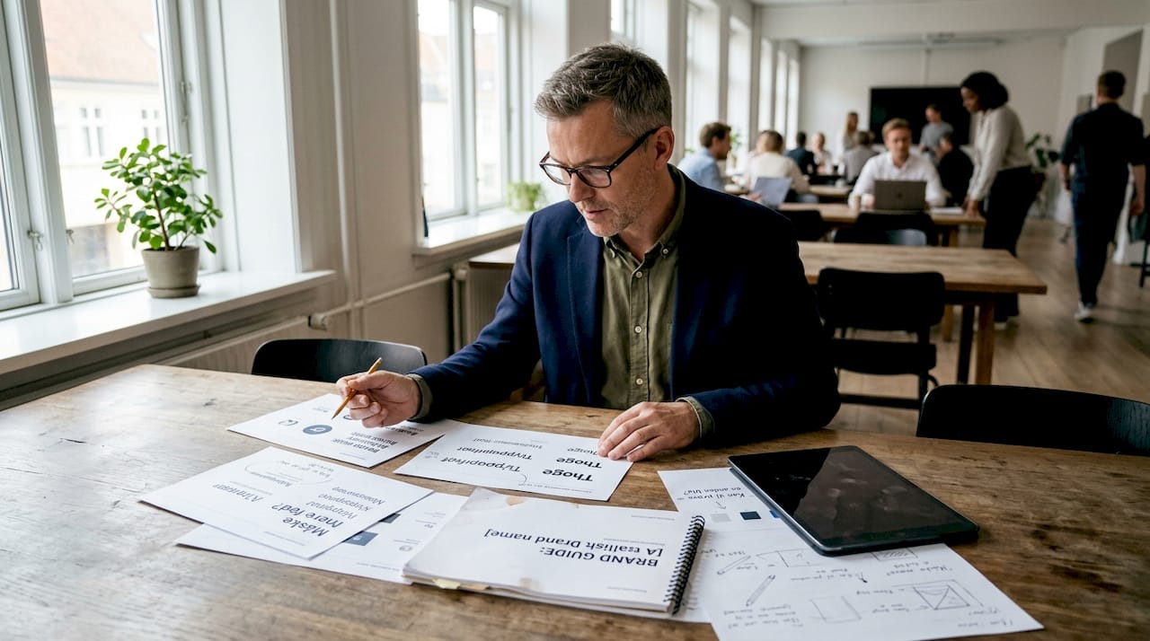 Marketingchefen sidder på kontoret og kigger typografiprøver igennem.