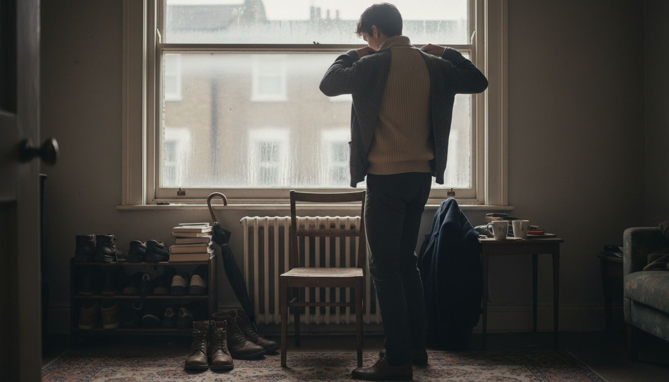 Man layering autumn menswear in London flat