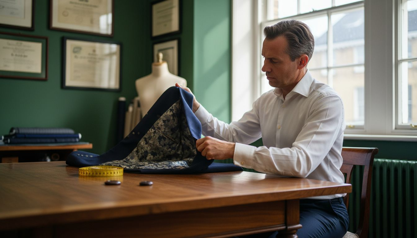 Man inspecting quality of tailored jacket