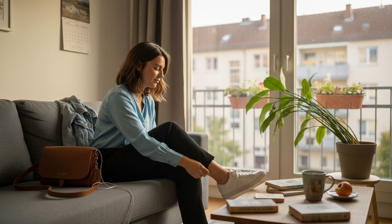 Eine Frau, die lässige und elegante Elemente stilvoll miteinander kombiniert.