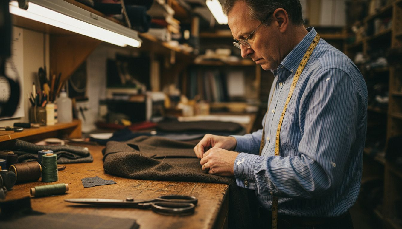 Tailor hand-stitching suit in workshop