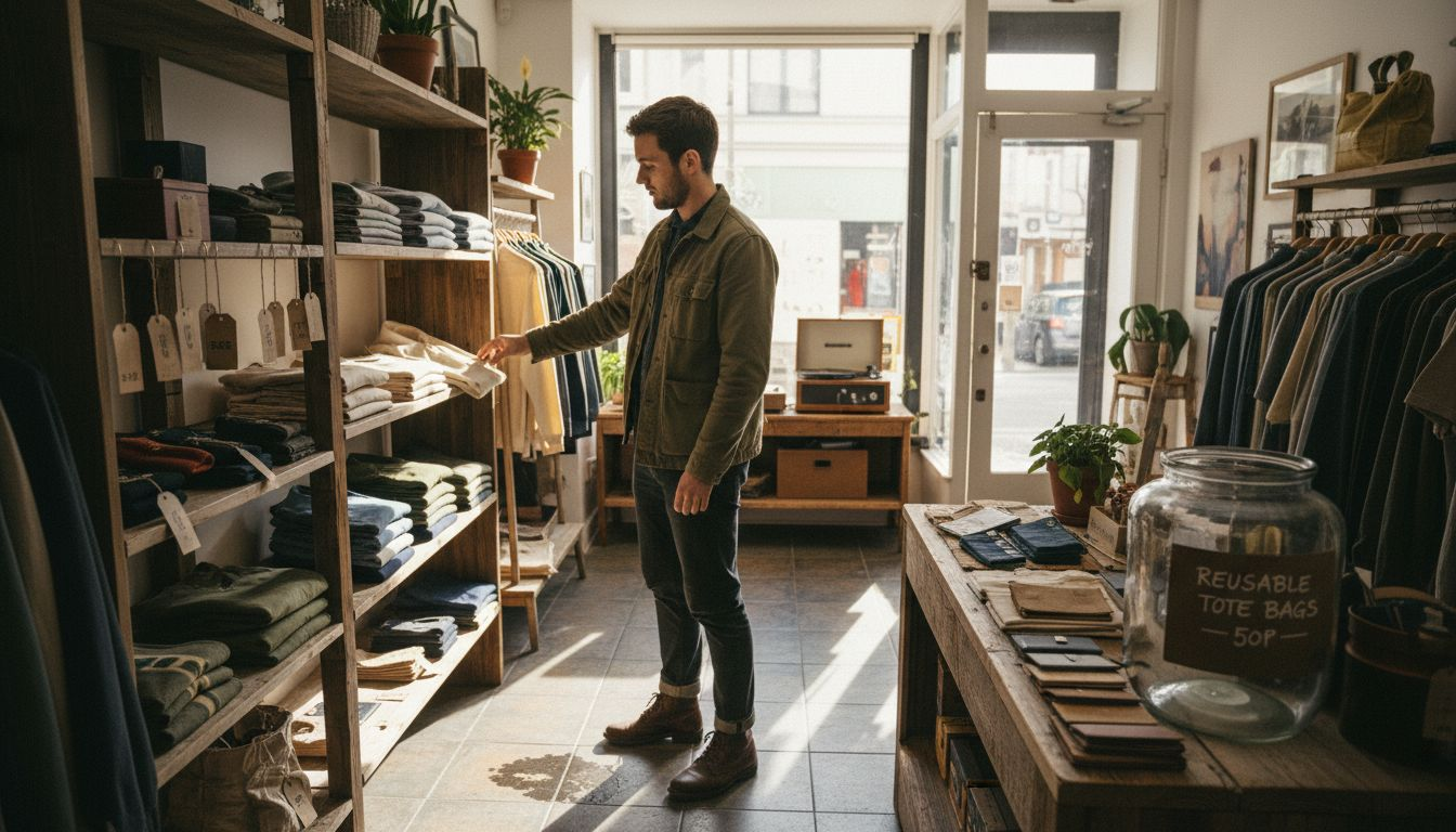 Shopper browsing sustainable menswear display