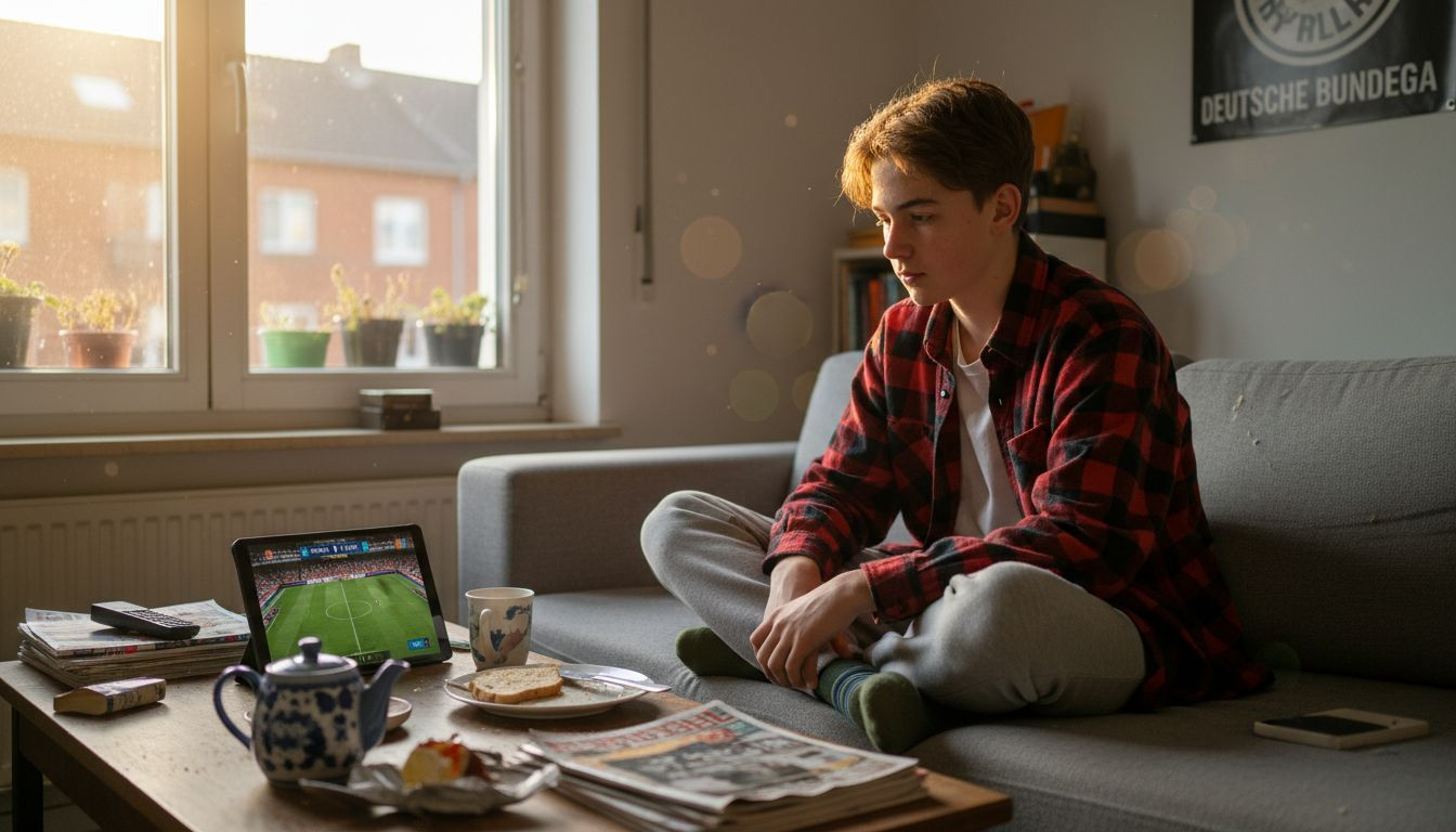 Ein Teenager macht es sich zu Hause in bequemer, weit geschnittener Kleidung gemütlich.