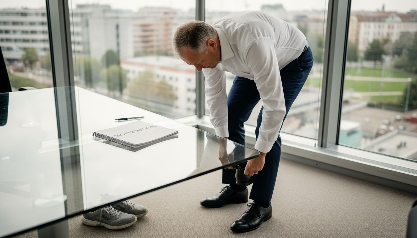 Vom lockeren Sneaker-Look zum eleganten Business-Schuh – dieser Mann setzt jetzt auf einen stilvollen Auftritt im Büro.