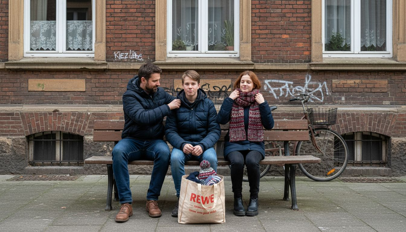 Eine deutsche Familie zieht sich draußen warm an, um dem Winterwetter zu trotzen.
