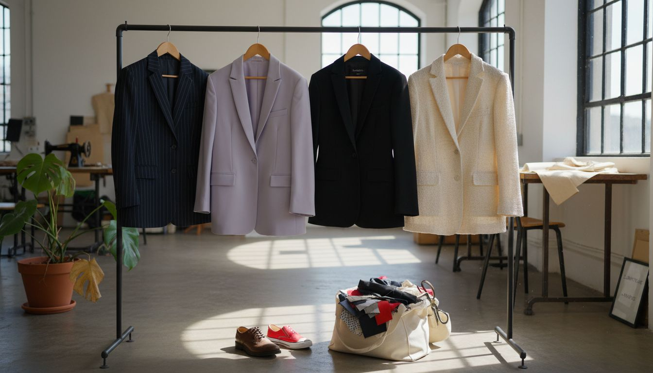 Eine Auswahl verschiedener Blazer hängt ordentlich auf einer Kleiderstange.