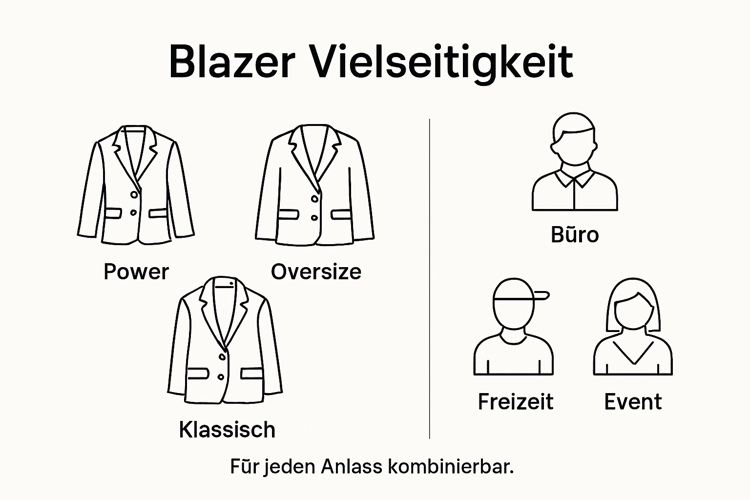 Die Infografik veranschaulicht, wie vielseitig Blazer kombinierbar sind und welche unterschiedlichen Modelle es gibt.
