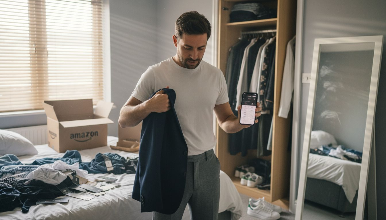 Man checking clothing fit with size chart
