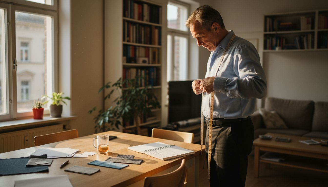 Ein Mann sitzt am Esstisch und legt das Maßband um seine Brust.