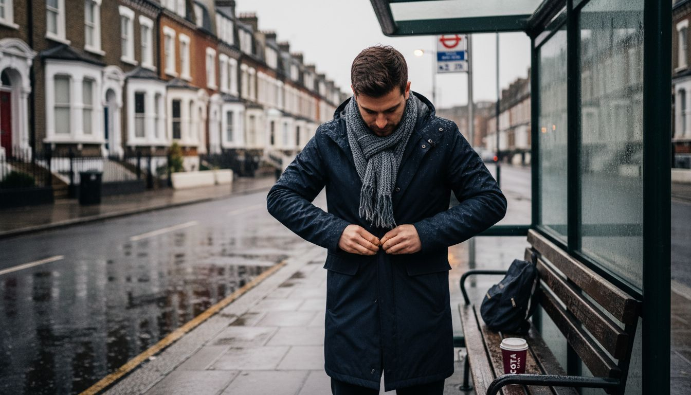 Man buttoning coat in rainy city street