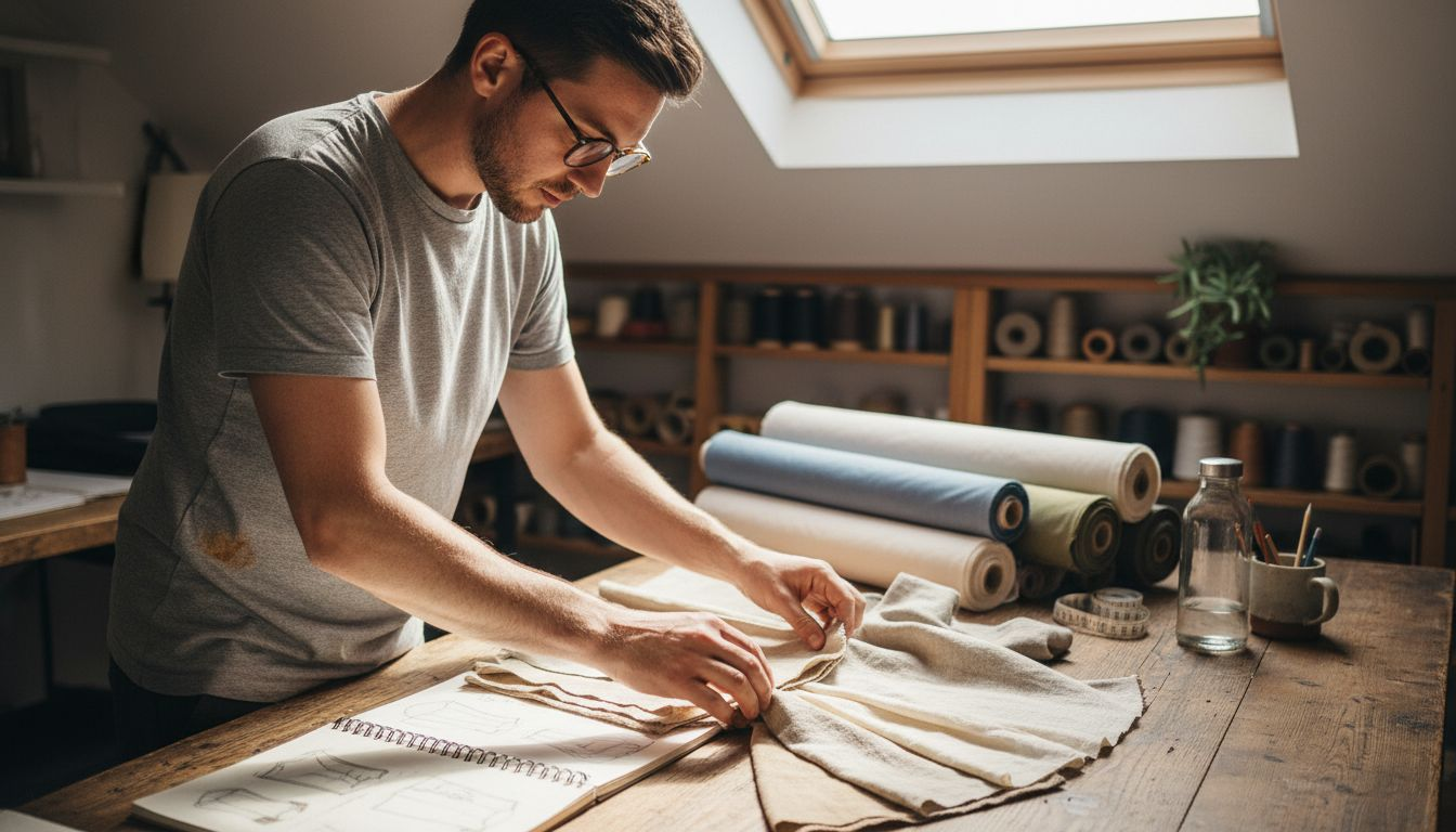 Designer handling sustainable fabric swatches