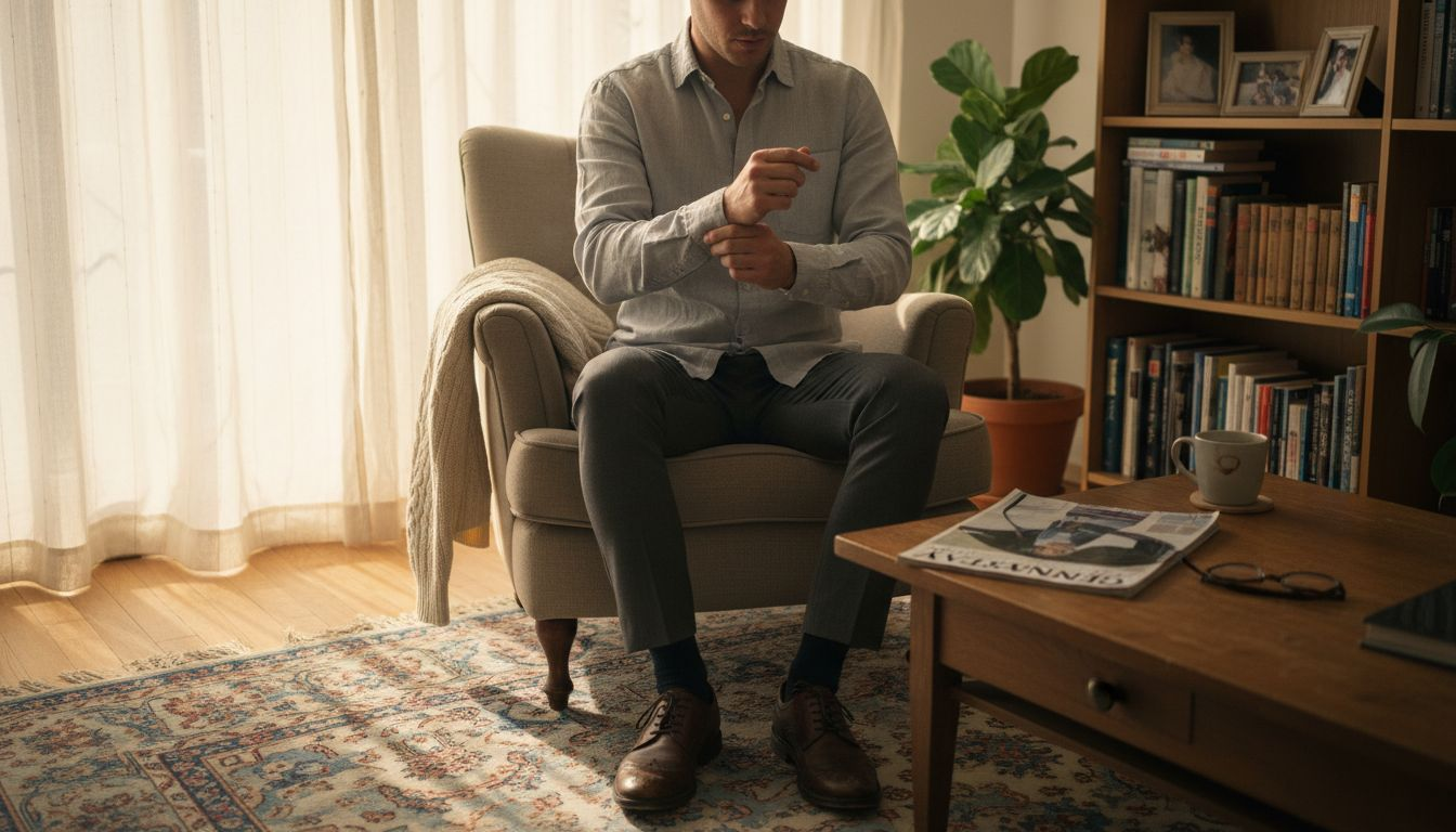 Man styling linen shirt in sunlit living room
