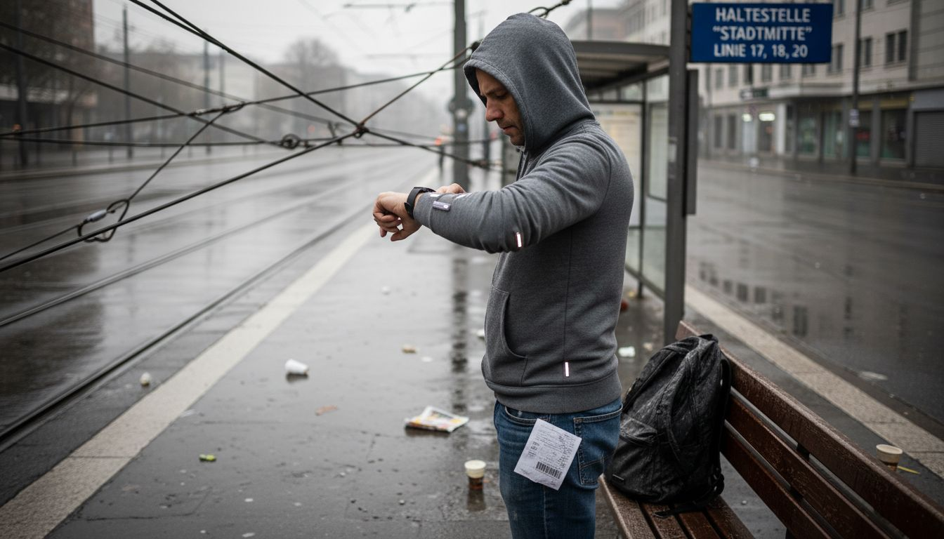 Ein Mann steht mit moderner Technik am Handgelenk an einer regennassen Straßenbahnhaltestelle.