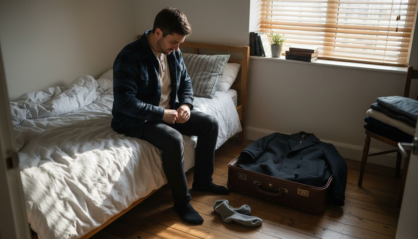 Man layering winter outfit in bedroom