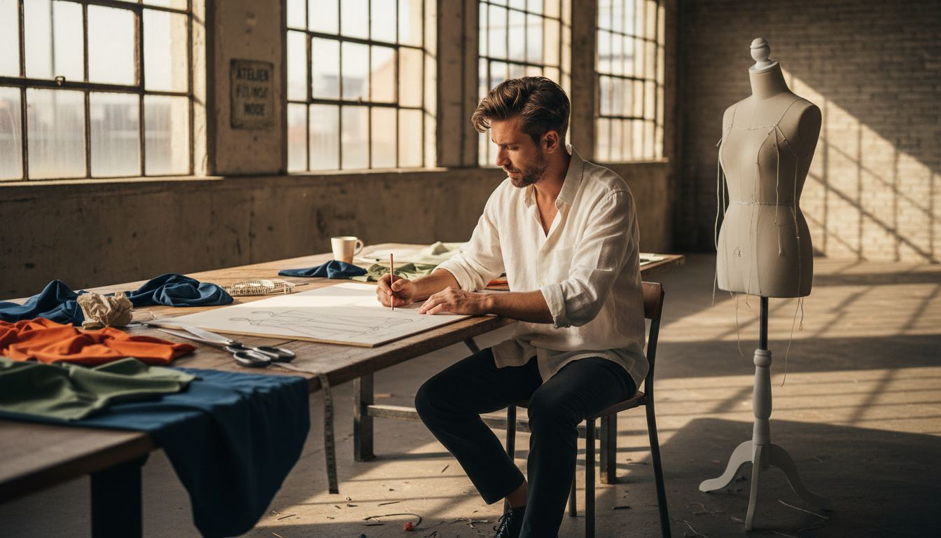Ein Modedesigner entwirft gerade eine neue Kollektion und fertigt die ersten Skizzen an.