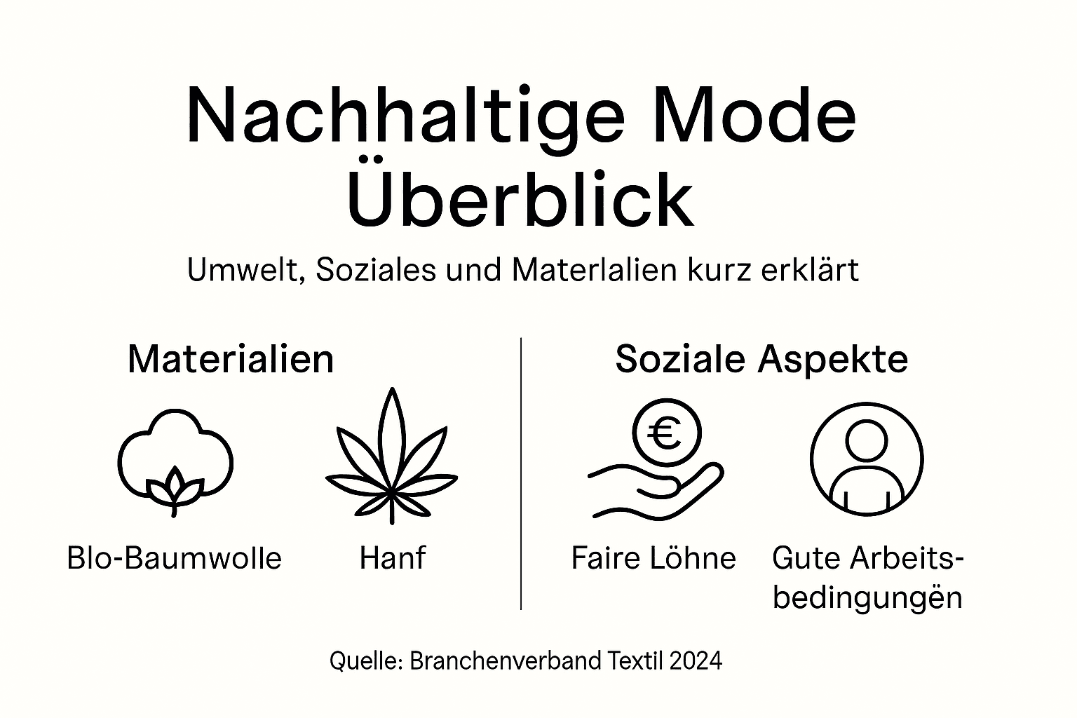 Übersicht zu den wichtigsten Kategorien und Merkmalen nachhaltiger Mode – kompakt als Infografik dargestellt.