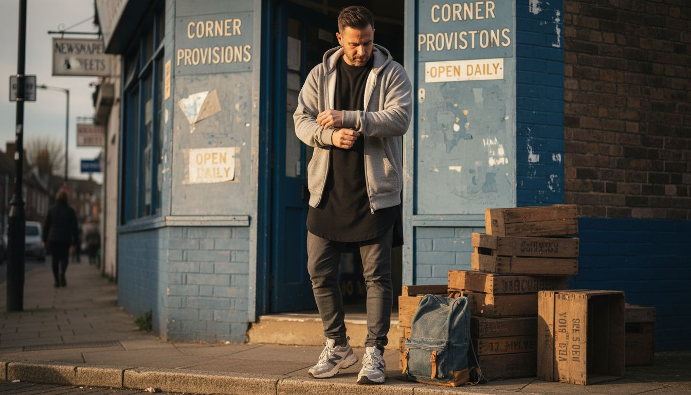 Man adjusts hoodie in layered streetwear