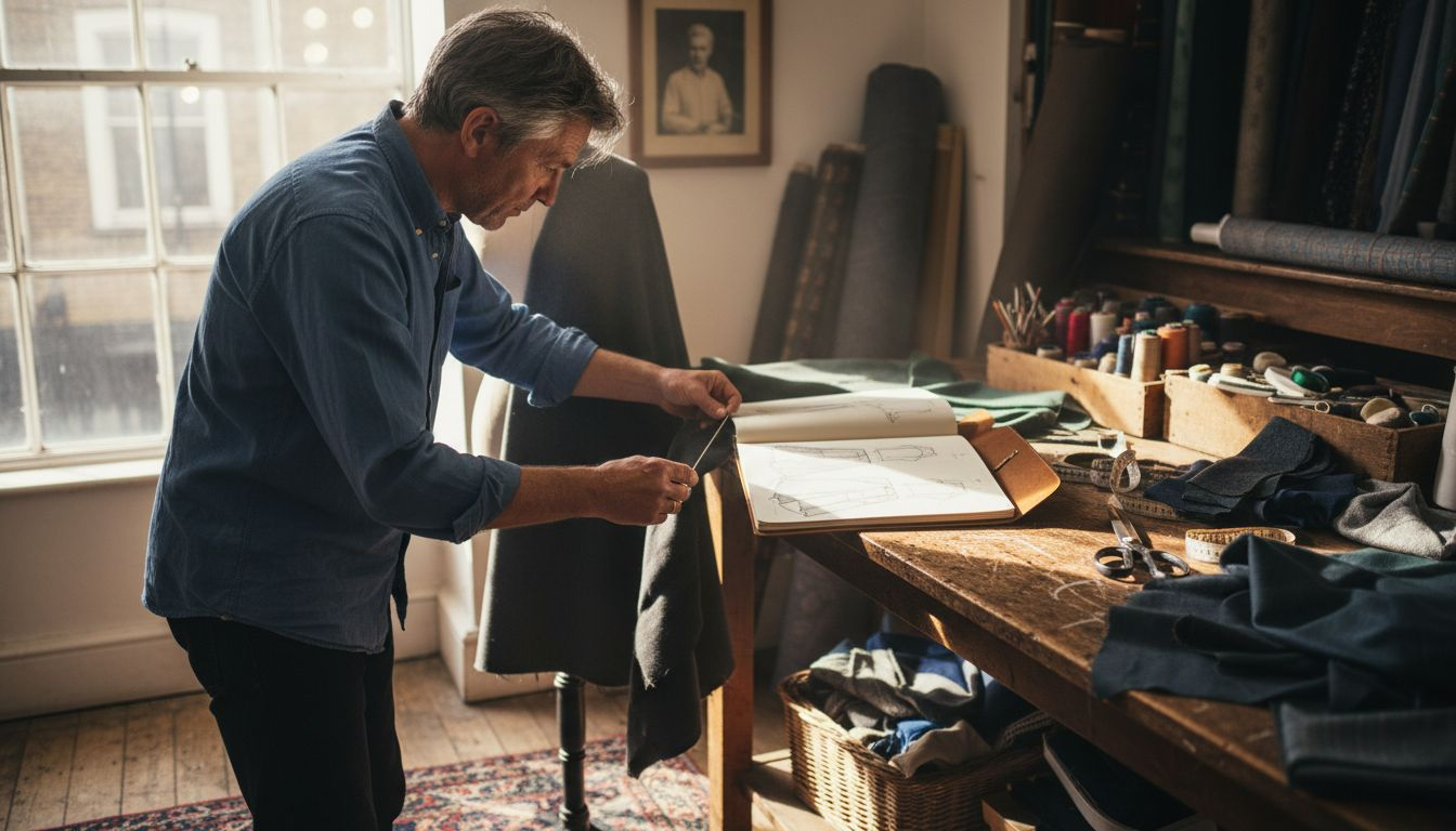 Tailor working in London atelier with mannequin