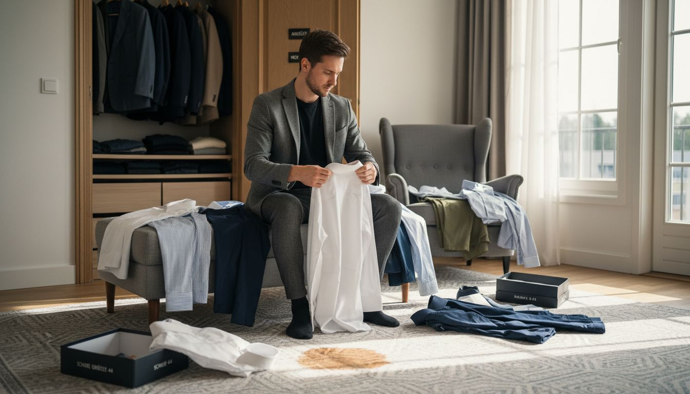 Ein Mann trägt einen Blazer, kombiniert mit Hemd und passender Hose, und setzt so auf einen klassischen Look.
