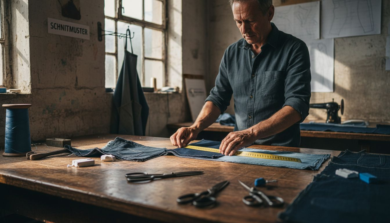 In der Schneiderei werden verschiedene Denimstoffe sorgfältig geprüft und miteinander verglichen.
