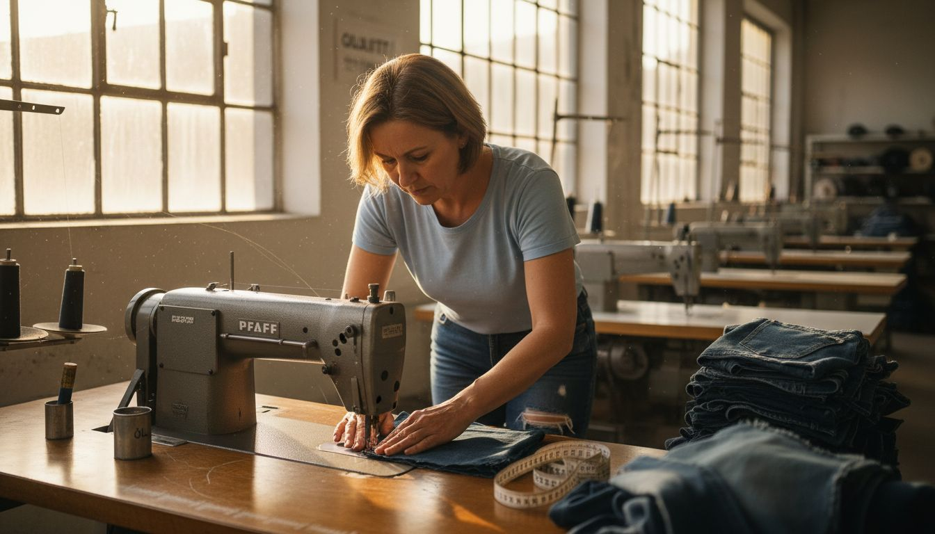 In einer Textilfabrik fertigt eine Näherin Jeanshosen an.