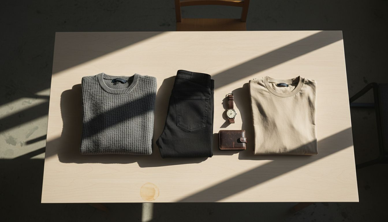 Minimalist men's clothing flat lay showcase