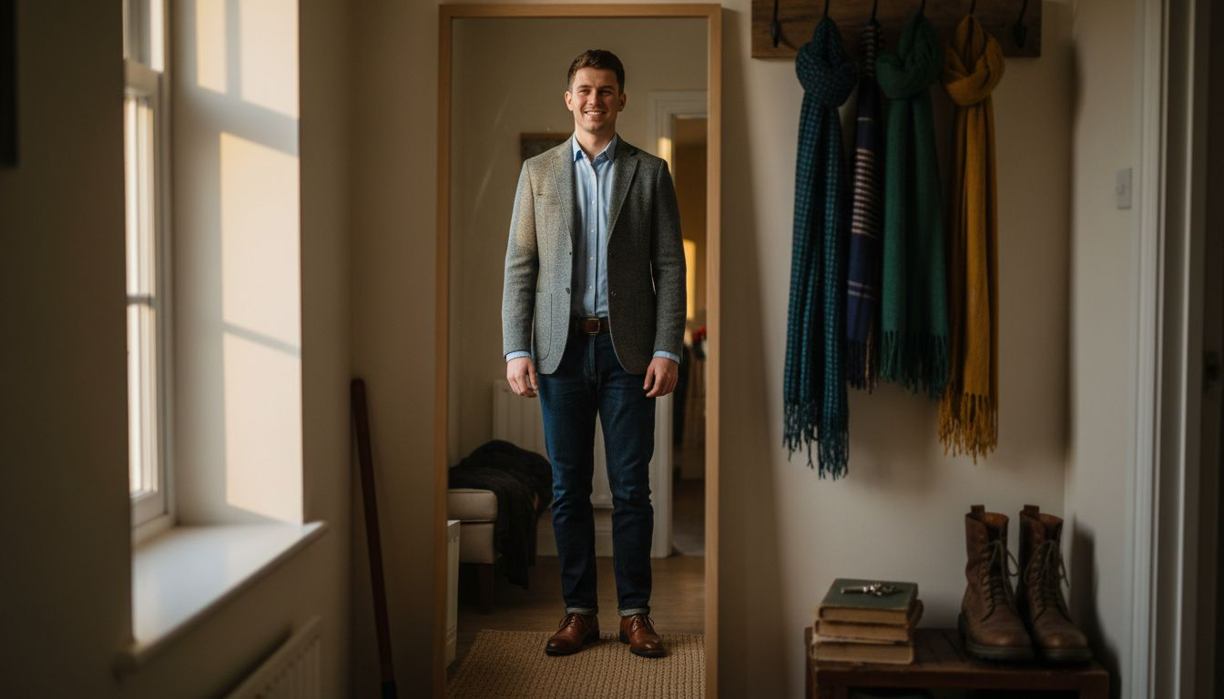 Man checking fit in hallway mirror