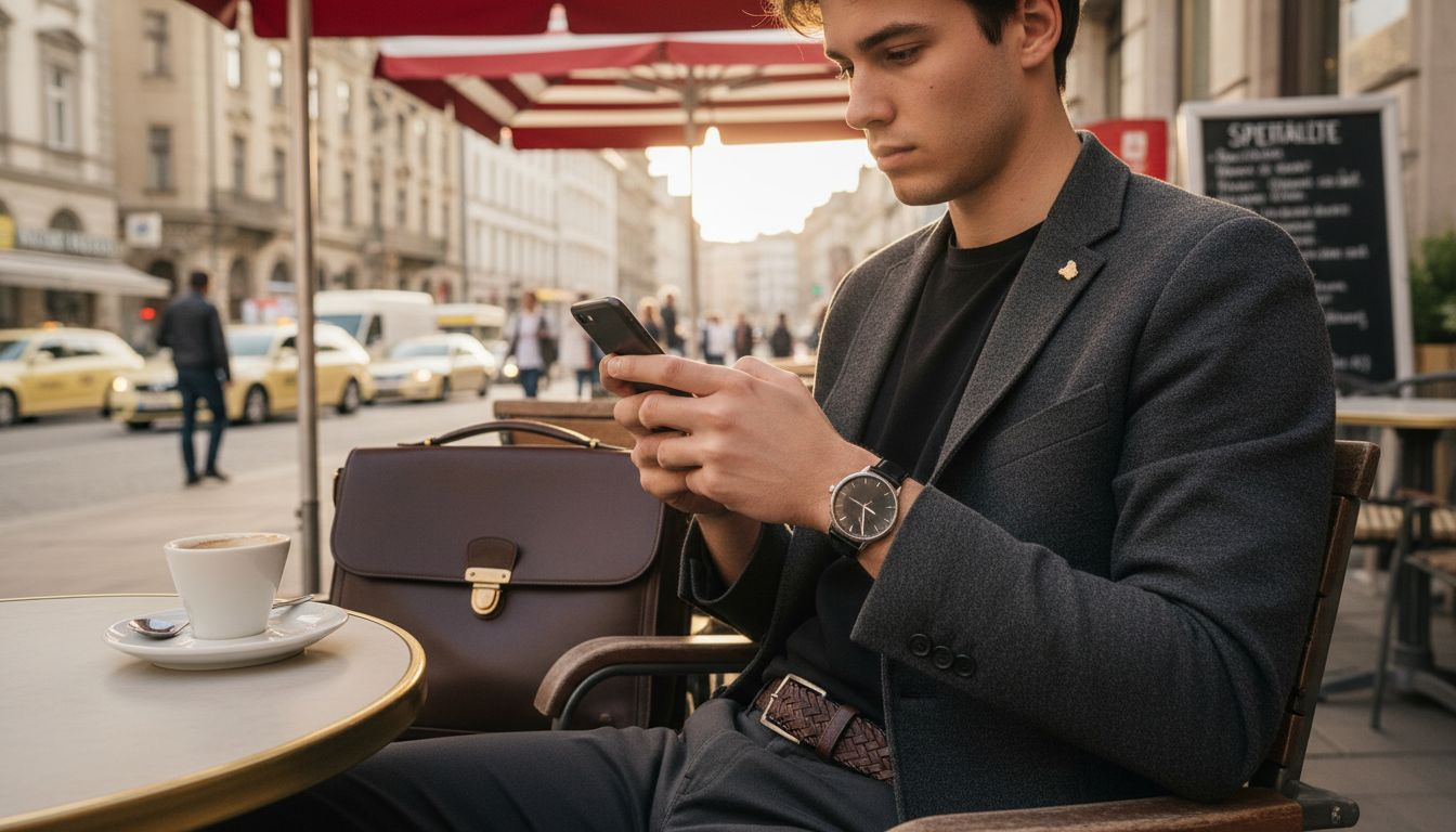 Ein stilbewusster Mann genießt seinen Kaffee am Tisch, lässig kombiniert mit modischen Accessoires.