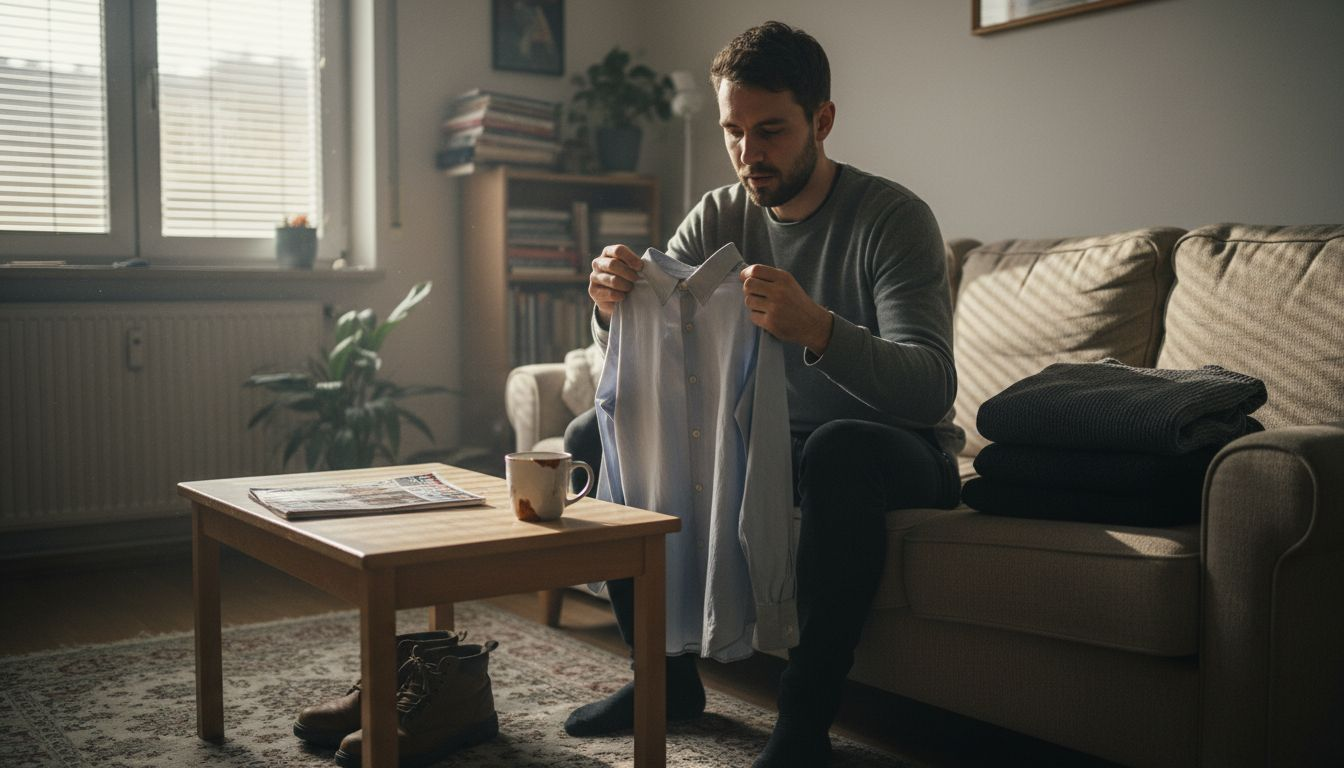 Zuhause wirft ein Mann einen genauen Blick auf die Nähte seines Hemdes, um deren Qualität zu überprüfen.