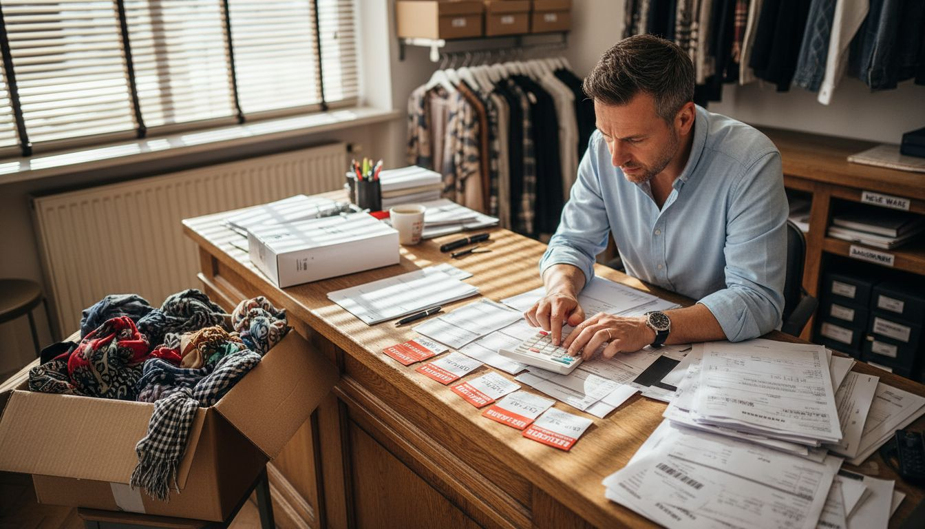 Filialleiter prüft die Rabattaktionen für den aktuellen Mode-Sale