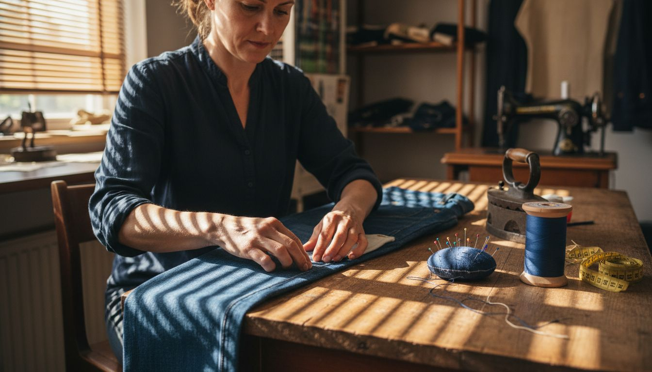Ein Schneider prüft sorgfältig die Naht einer hochwertigen Jeans auf ihre Verarbeitung.
