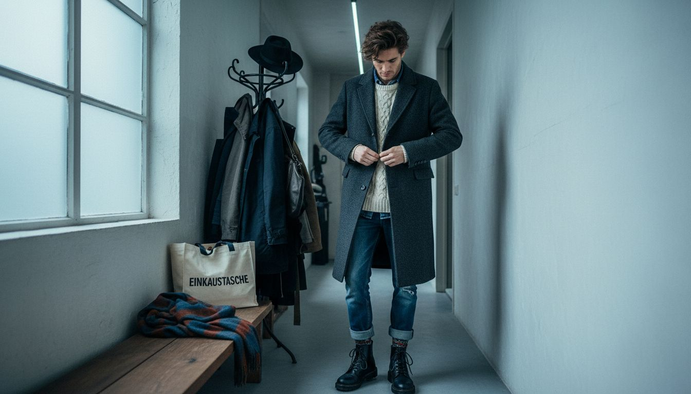 Ein angesagter Lagenlook, kombiniert mit schwarzen Stiefeln.