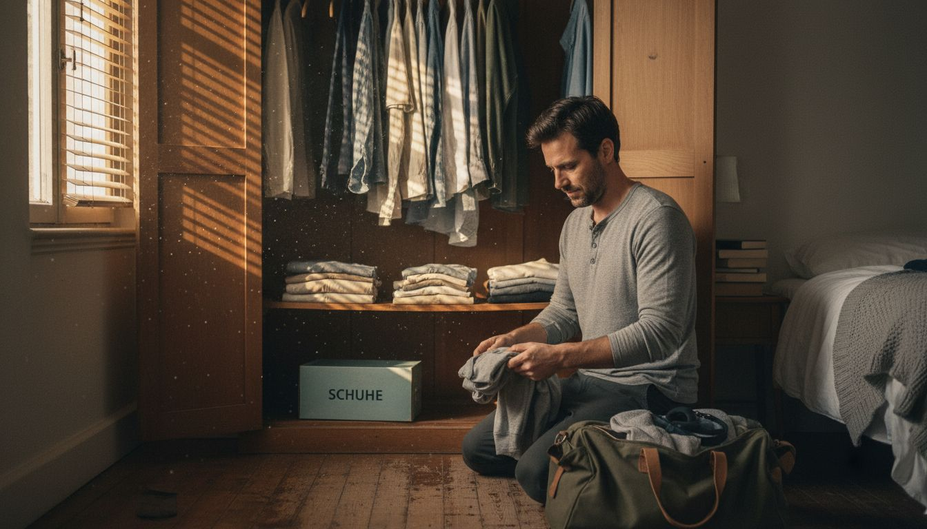 Ein Mann sortiert seine Basics im Kleiderschrank und sorgt für Ordnung.