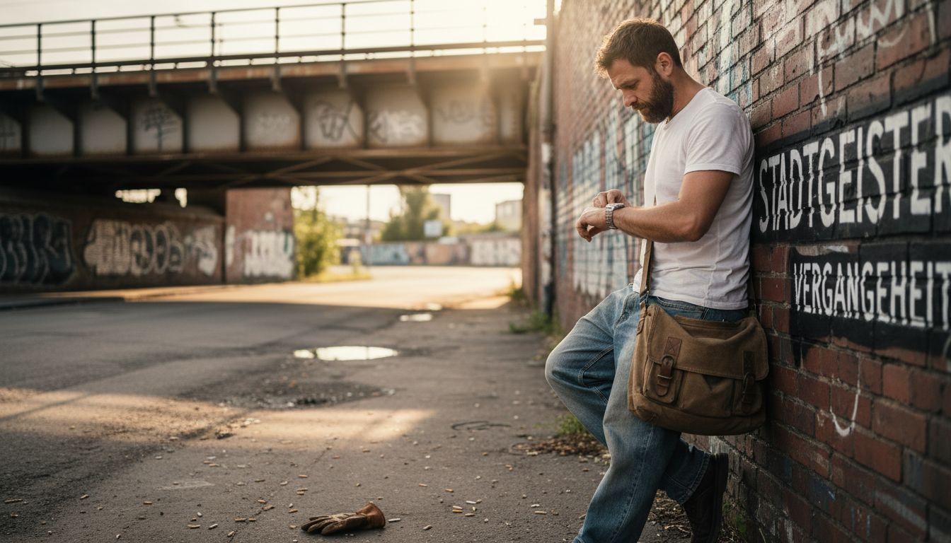 Stilvoll gekleideter Mann in Jeans posiert vor einer Brücke