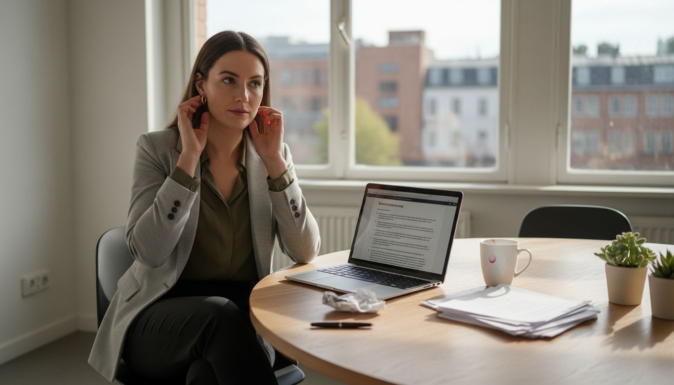 Eine Frau in schicker Bürokleidung sitzt am Konferenztisch.